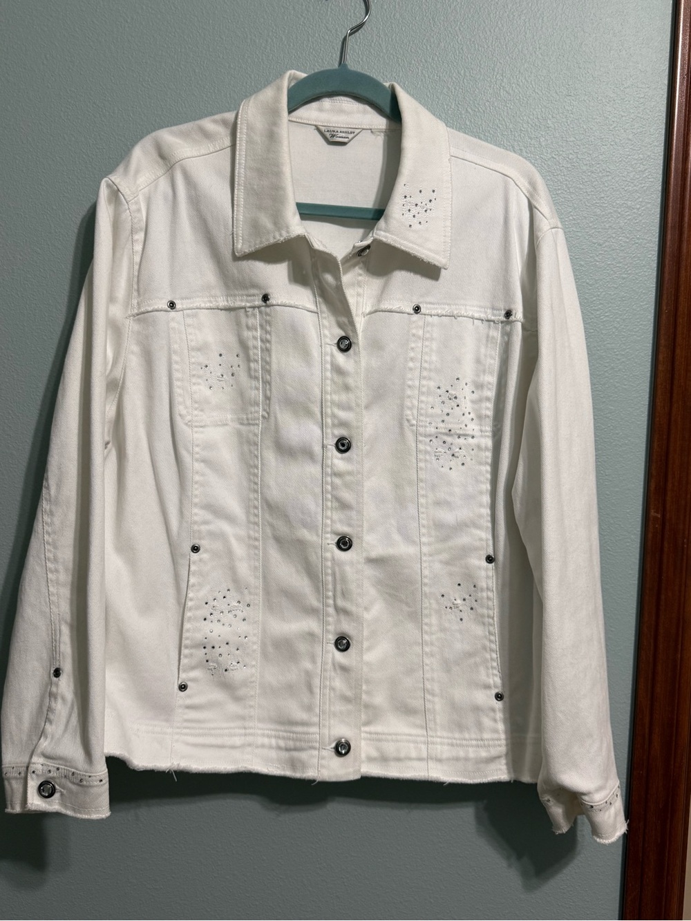 Laura Ashley Woman White Embellished Denim Jacket, Rhinestone Detail